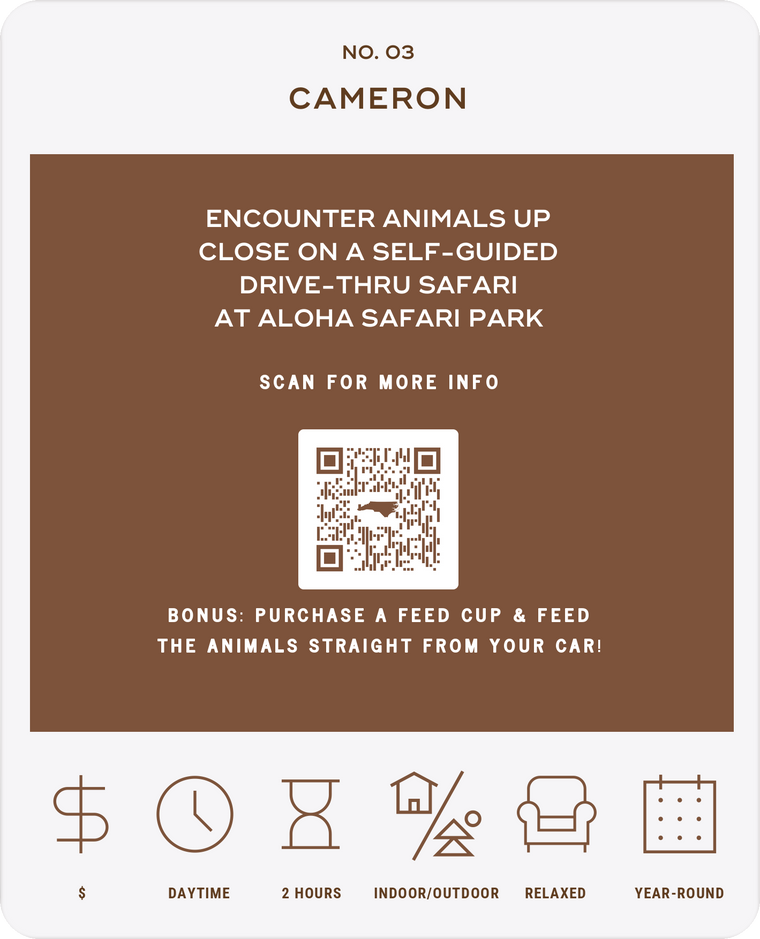 Encounter animals up close on a self-guided drive-thru safari at Aloha Safari Park